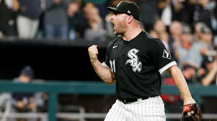 Sep 13, 2022; Chicago, Illinois, USA; Chicago White Sox relief pitcher Liam Hendriks (31) celebrates their win against the Colorado Rockies at Guaranteed Rate Field.